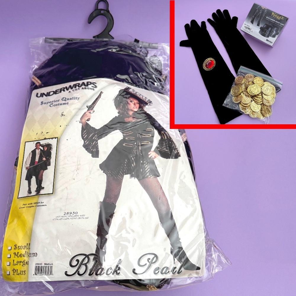 Underwraps Black Pearl Pirate Outfit Size M + Ring, Coins, Gloves, Boot Cuffs